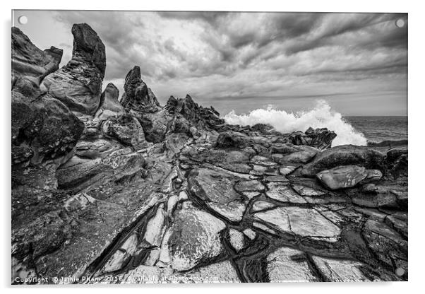 Dramatic lava rock formation called the Dragon's T Acrylic by Jamie Pham