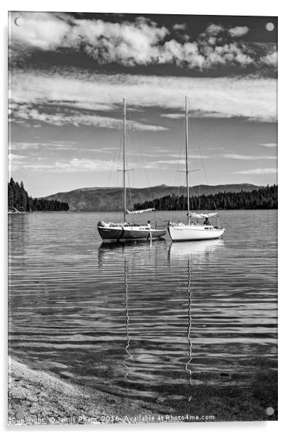 Boats on a beautiful calm day in Lake Tahoe. Acrylic by Jamie Pham