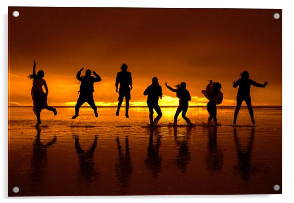 Happy Tourists Jumping at the Salar de Uyuni, Bolivia Acrylic by Arterra 