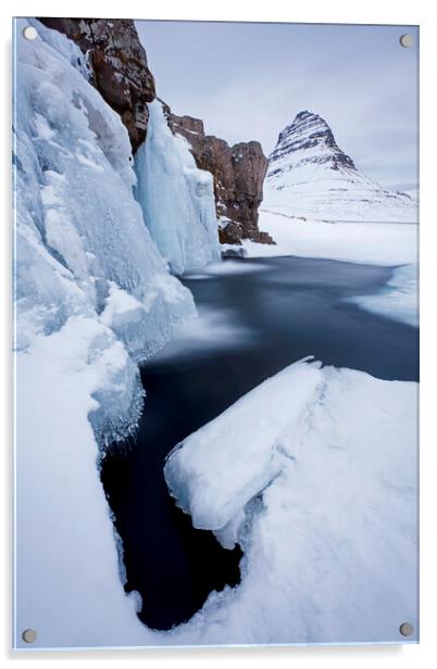 Kirkjufell and Frozen Waterfall in Winter, Iceland Acrylic by Arterra 