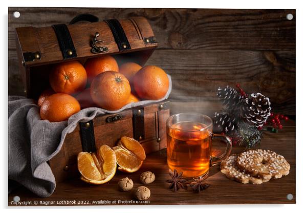Hot tea and oranges in a wooden chest Acrylic by Ragnar Lothbrok