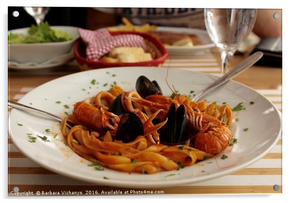 Seafood pasta served Acrylic by Barbara Vizhanyo