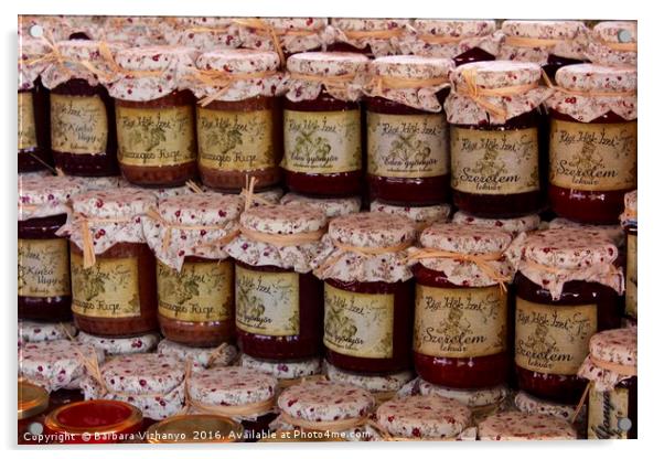 Jam pots lined up on a display at Tihany, Hungary Acrylic by Barbara Vizhanyo
