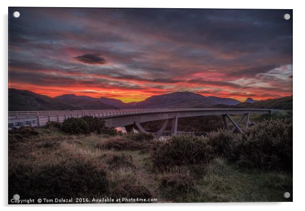  Kylesku bridge fiery sunrise Acrylic by Tom Dolezal