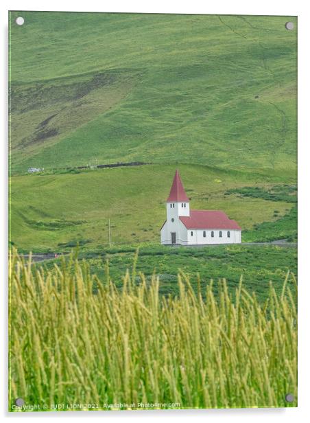 Vik Church in Summer Acrylic by JUDI LION