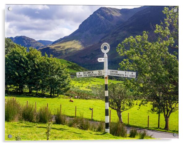 Buttermere road sign in english lake district Acrylic by Steve Heap