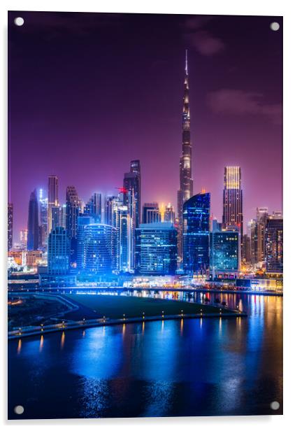 Glowing Dubai Skyline at Night Acrylic by Steve Heap