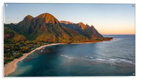 Aerial drone shot of Tunnels Beach at sunrise on Kauai in Hawaii Acrylic by Steve Heap