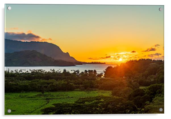 Sunset over Hanalei bay from overlook on the road Acrylic by Steve Heap
