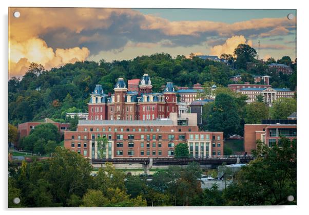 Brooks Hall and Woodburn Hall at sunset in Morgantown WV Acrylic by Steve Heap