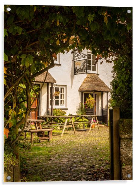 Thatched pub garden in Lustleigh in Devon Acrylic by Steve Heap
