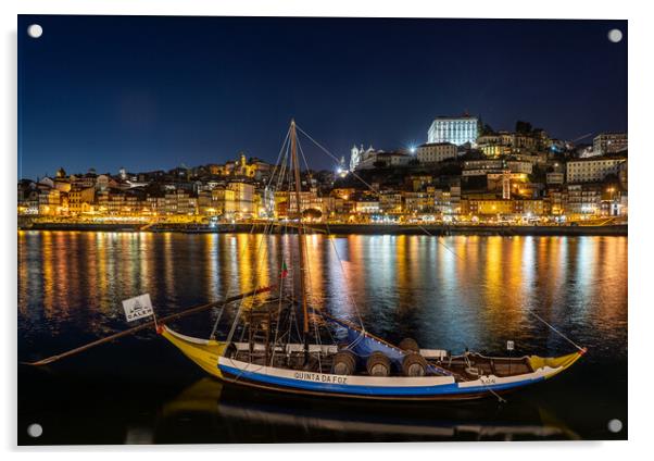 Rabelo boats of Porto in Portugal at night Acrylic by Steve Heap