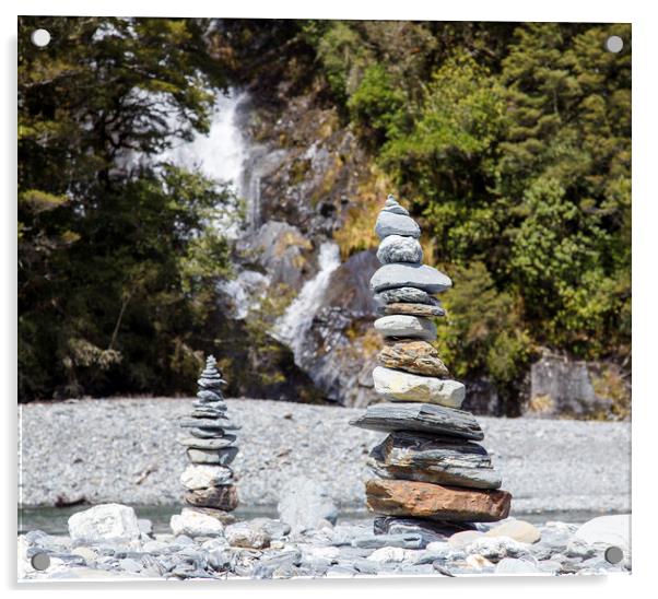 Stone Piles at Fantail Falls, New Zealand Acrylic by Jackie Davies