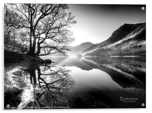 Buttermere, monochrome, with title Acrylic by geoff shoults