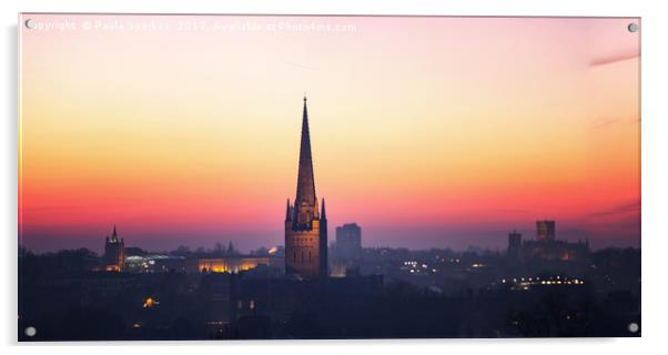 Norwich City Sunset Acrylic by Paula Sparkes