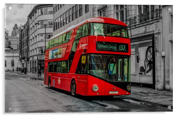Red London Bus, London, Oxford Street,  Acrylic by Bhupendra Patel