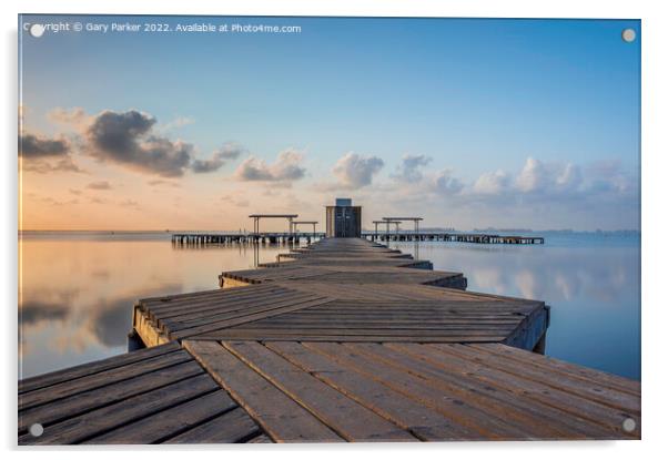 Sunrise over wooden jetty Acrylic by Gary Parker