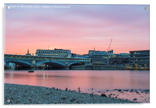 Blackfriars Bridge, London, UK, at sunset on a summer's evening.  Acrylic by Gary Parker