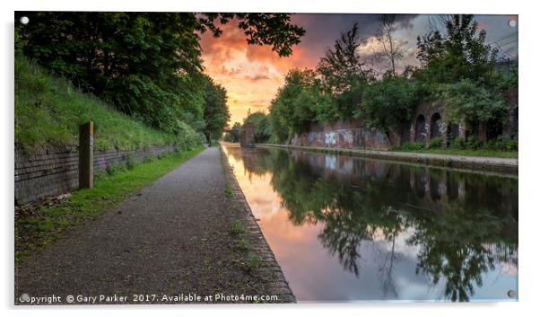 Dramatic sunset over a calm Birmingham Canal Acrylic by Gary Parker