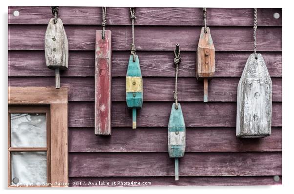 Fishing floats hanging on a wooden wall Acrylic by Gary Parker