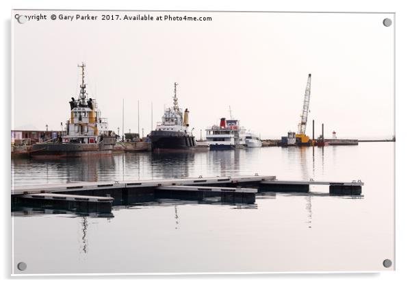 pilot boats against a harbor wall  Acrylic by Gary Parker