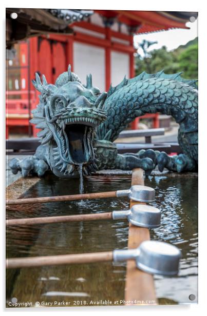 Japanese water cups, with a dragon dispensing wate Acrylic by Gary Parker