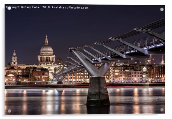 St Paul's and the Millennium Bridge at night Acrylic by Gary Parker