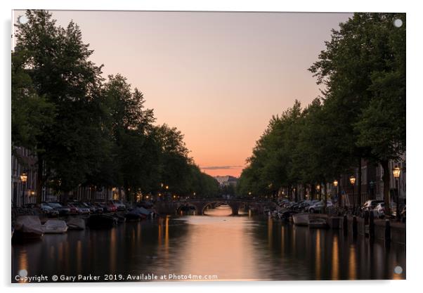 Sunset, looking down a canal in Amsterdam. Acrylic by Gary Parker