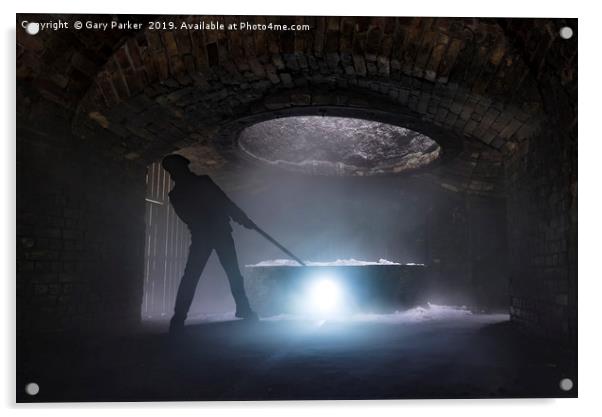 silhouette of iron worker stoking a furnace Acrylic by Gary Parker
