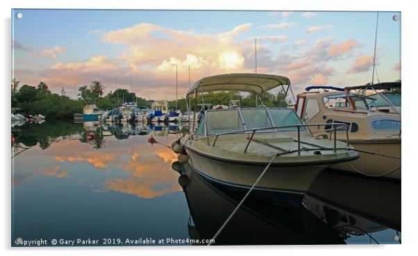 Boats moored in a natural harbour Acrylic by Gary Parker