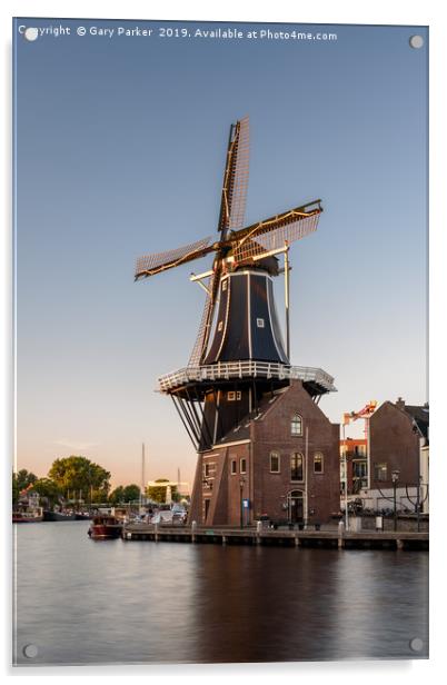 Dutch windmill, in the town of Haarlem, at sunset. Acrylic by Gary Parker