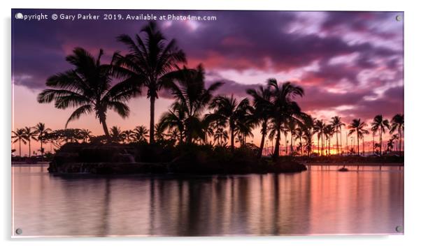 Sun setting on an Hawaiian beach. Acrylic by Gary Parker