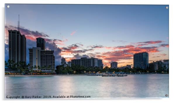 View of Waikiki beach skyline, at dawn in Summer Acrylic by Gary Parker