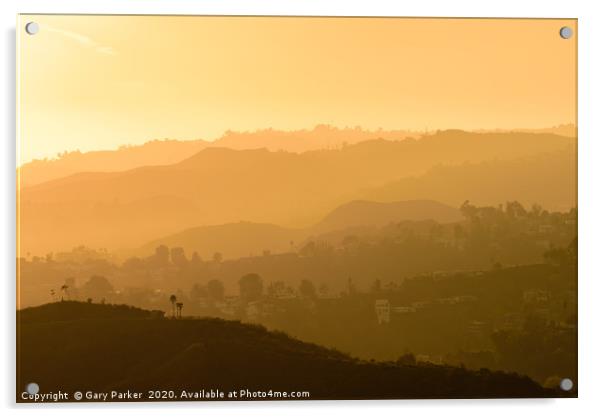 Sunset over the Hollywood Hills, Los Angeles.  Acrylic by Gary Parker