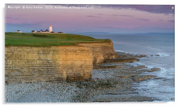 Nash Point lighthouse, south Wales, at sunset. Acrylic by Gary Parker