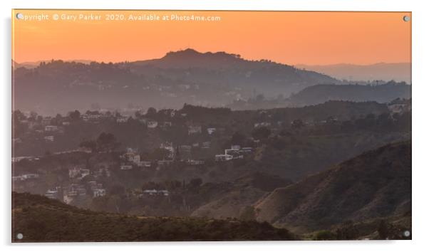 Sunset over the Hollywood Hills, Los Angeles. Acrylic by Gary Parker