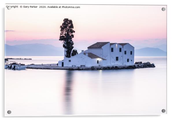 Vlacherna Monastery Corfu, Greece, at sunrise.	  Acrylic by Gary Parker