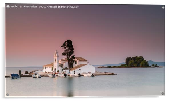 Vlacherna Monastery Corfu, Greece, at sunrise.	  Acrylic by Gary Parker