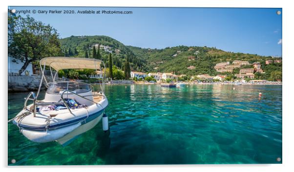 The clear waters of Kalami Bay, in Corfu, Greece, on a bright summers day	 Acrylic by Gary Parker