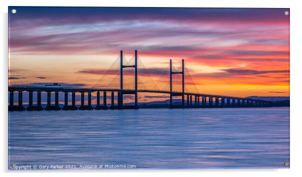 Severn Bridge crossing from England to Wales, at sunset.  Acrylic by Gary Parker