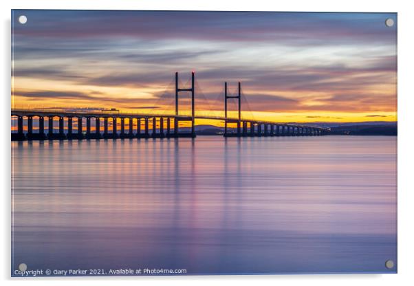 Severn Bridge crossing from England to Wales, at sunset.  Acrylic by Gary Parker