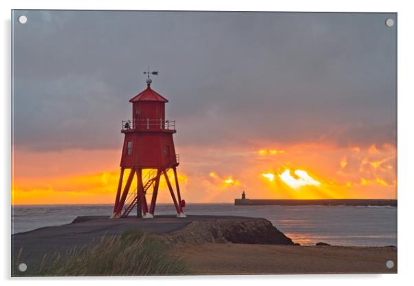 Radiant Sunrise over Red Herd Groyne Lighthouse Acrylic by Rob Cole