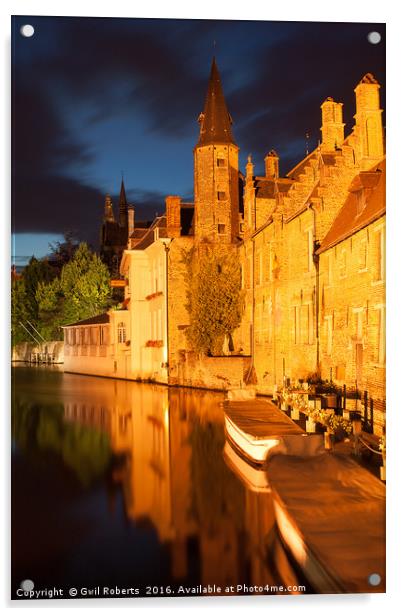 Bruges night portrait Acrylic by Gwil Roberts