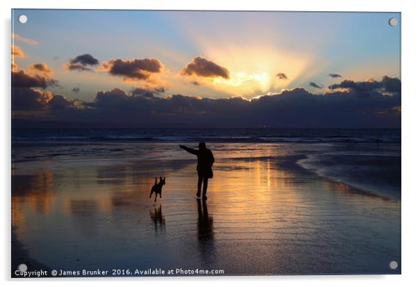 Walking the Dog at Sunset on Dunraven Bay Beach Acrylic by James Brunker