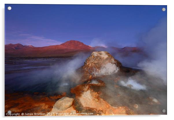 Geyser at El Tatio Geyser Field after sunset Chile Acrylic by James Brunker