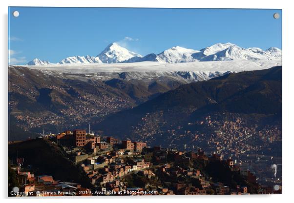 Panorama of La Paz and Mt Huayna Potosi Bolivia Acrylic by James Brunker