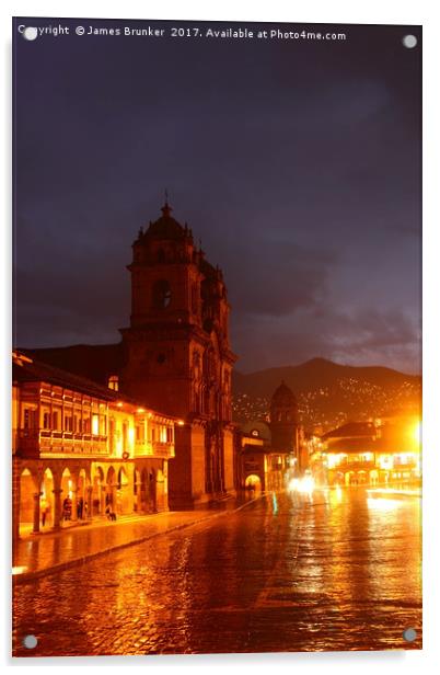 Compania de Jesus Church on a Wet Night Cusco Peru Acrylic by James Brunker