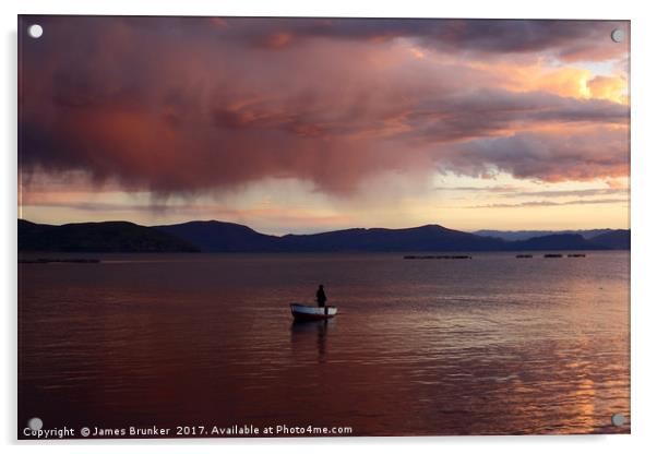 Stormy Sunset and Fisherman on Lake Titicaca Acrylic by James Brunker