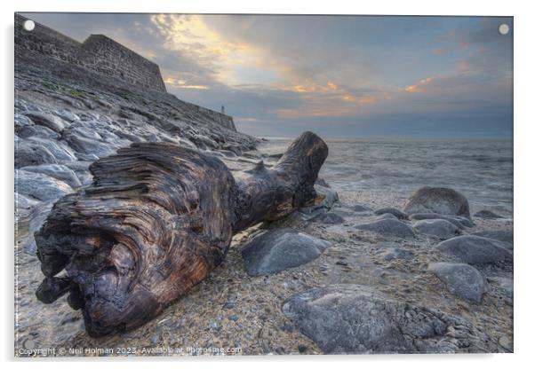 Driftwood Sunrise at Porthcawl Pier Acrylic by Neil Holman