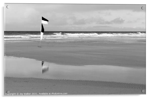 Yellow and red beach safety flag on a Cornish beach in black and Acrylic by Joy Walker